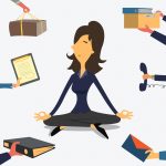 Businesswoman doing Yoga to calm down the stressful emotion from multi-tasking and very busy working.